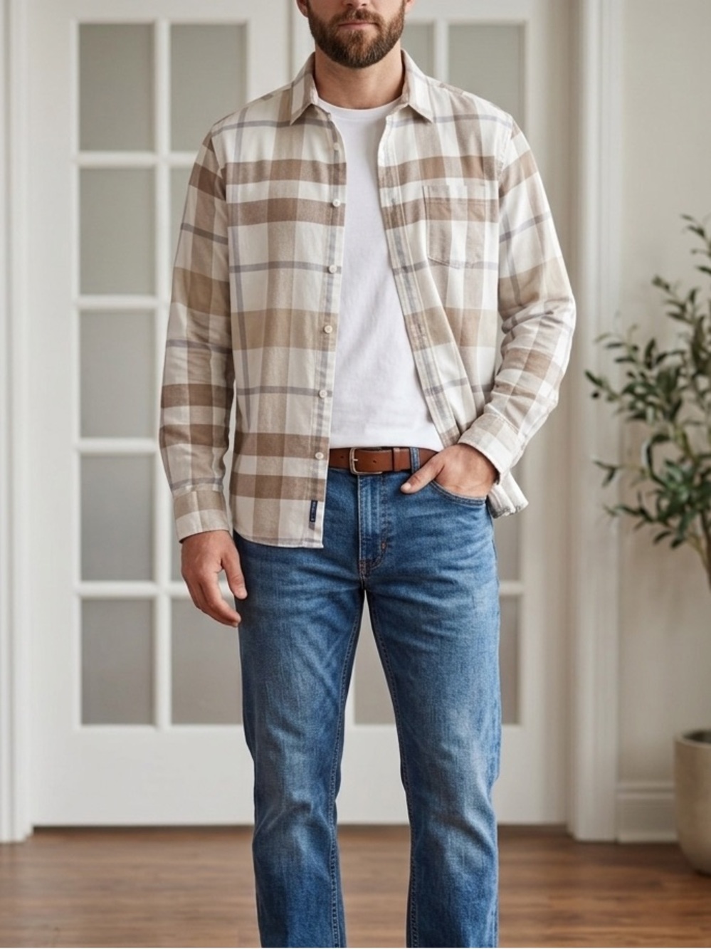 Apt. 9 Tan and White Plaid Button-Down Shirt